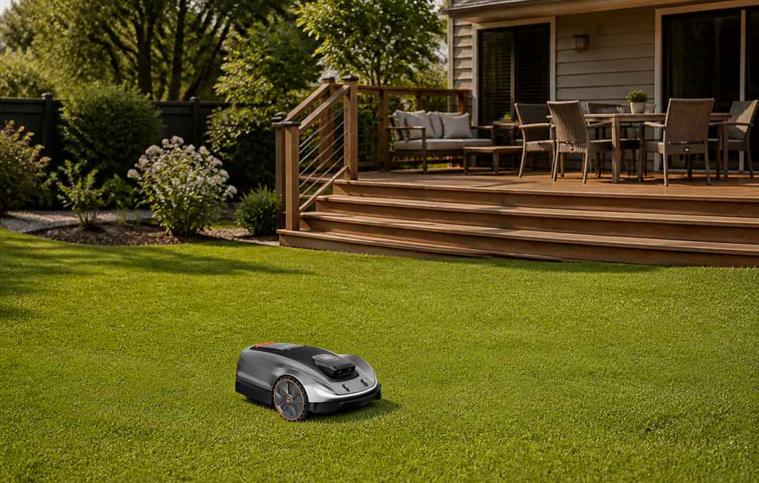 tondeuse sunseeker elite x5 dans un jardin spacieux