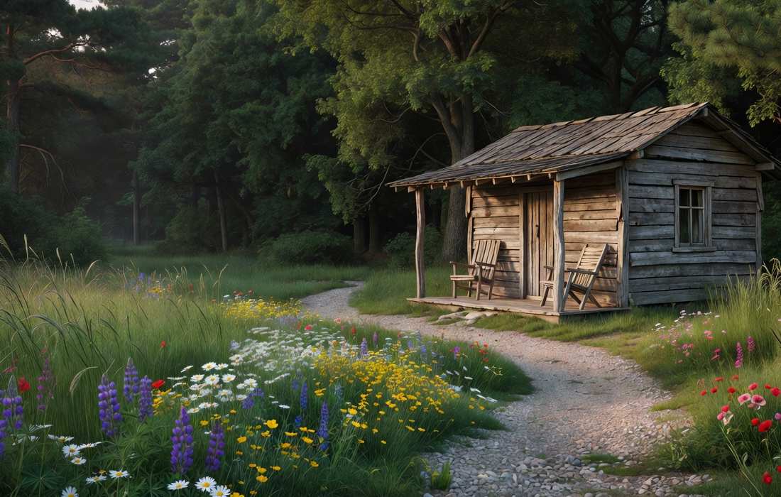 wood cabin wildflower lawn