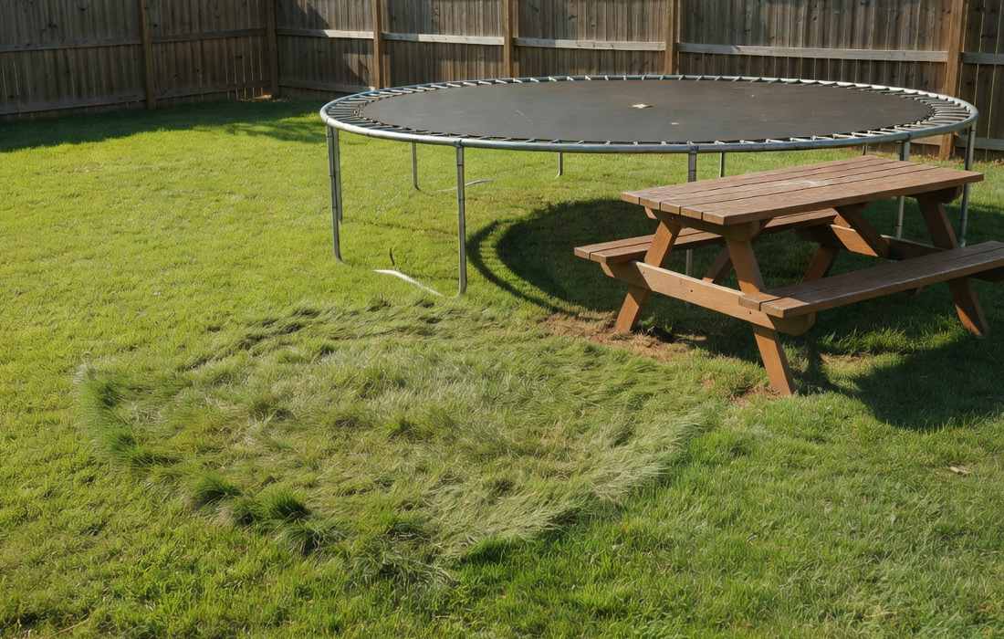backyard lawn with trampoline