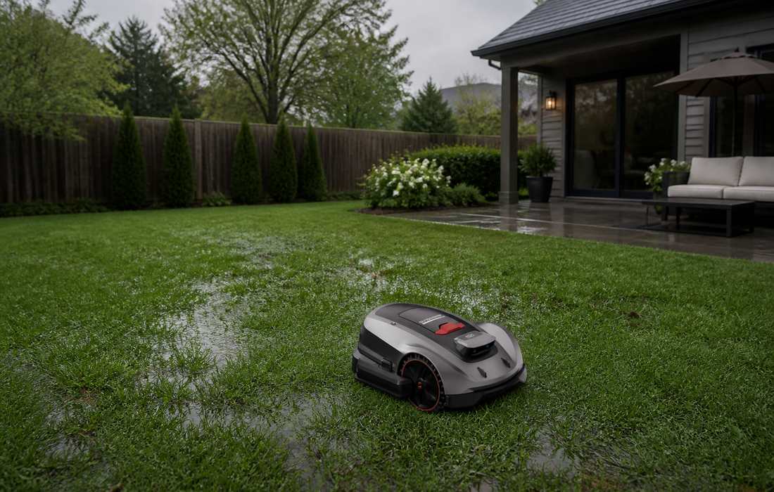 x3 genx 2 mower suburban backyard after rain