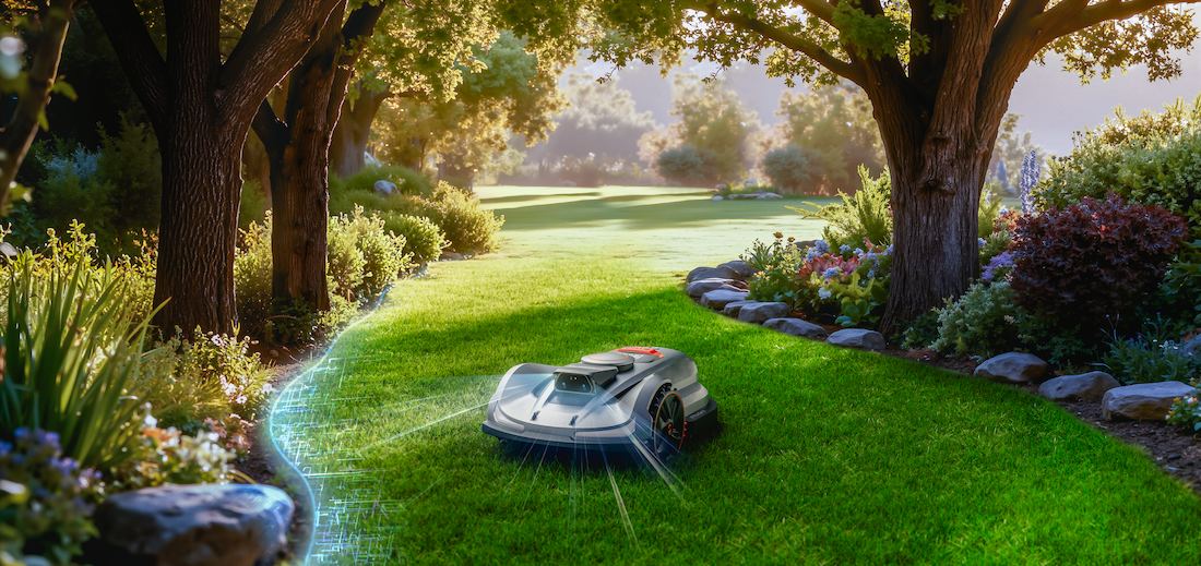 Robot tondeuse dans le jardin