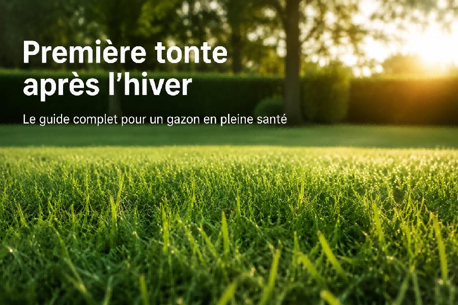 premiere tonte apres hiver pelouse verte lumiere matin