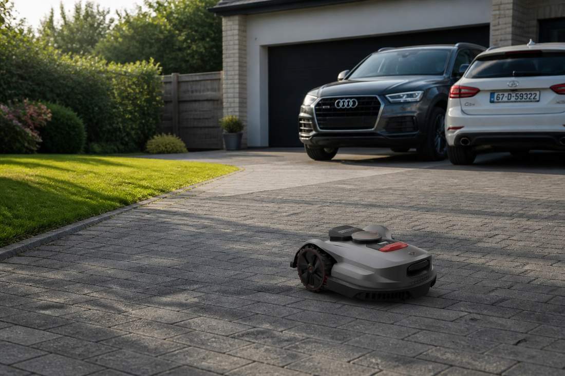 sunseeker elite x7 robot lawn mower suburban driveway