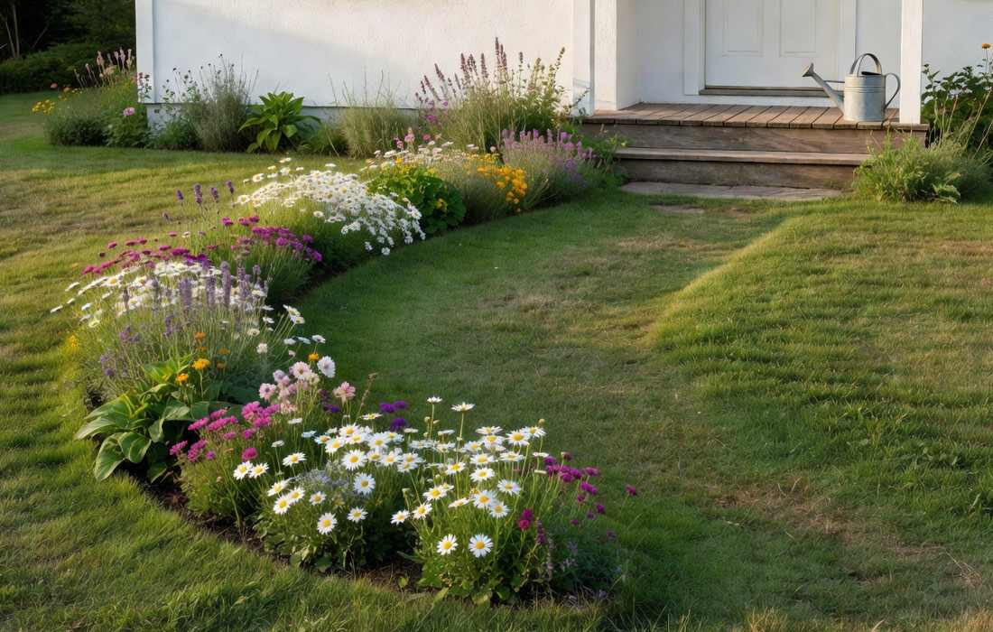 pelouse jardin bordee fleurs colorees