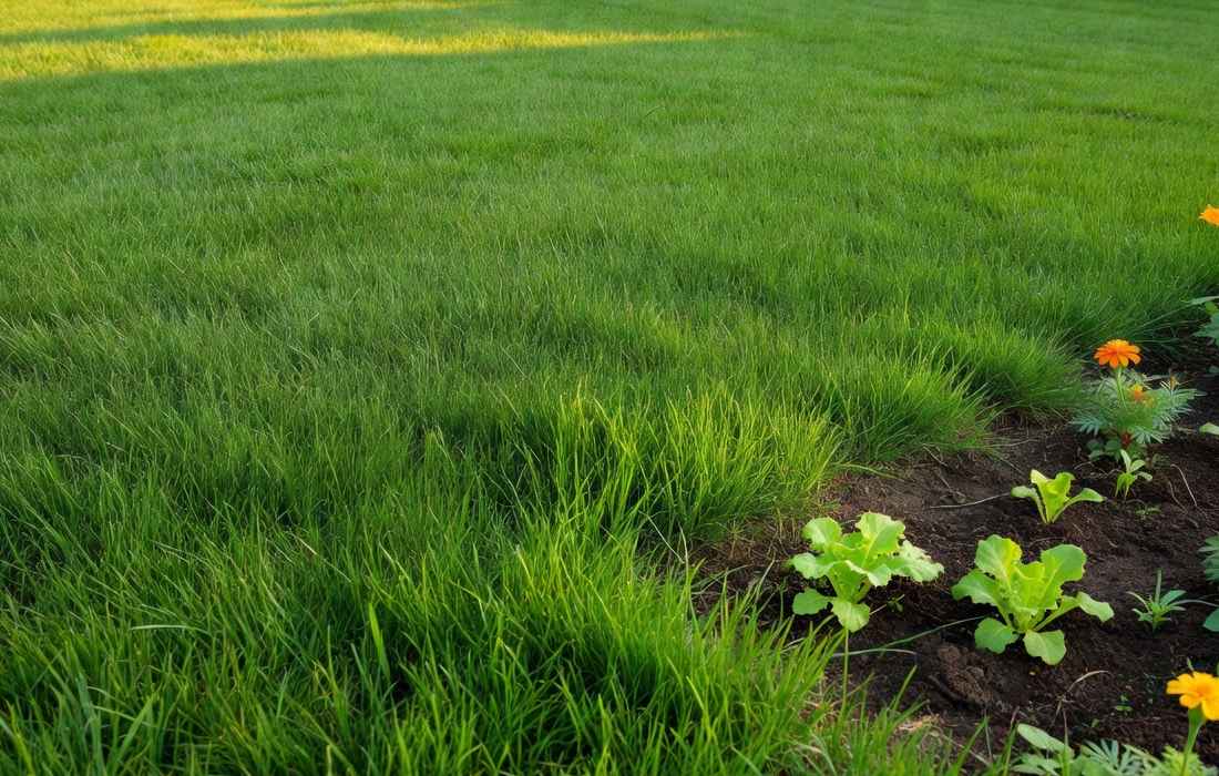 pelouse verte bordure fleurs jardin