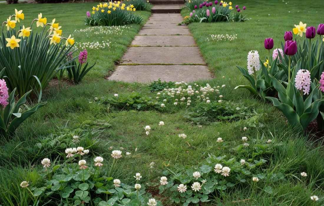 jardin avec pelouse et fleurs