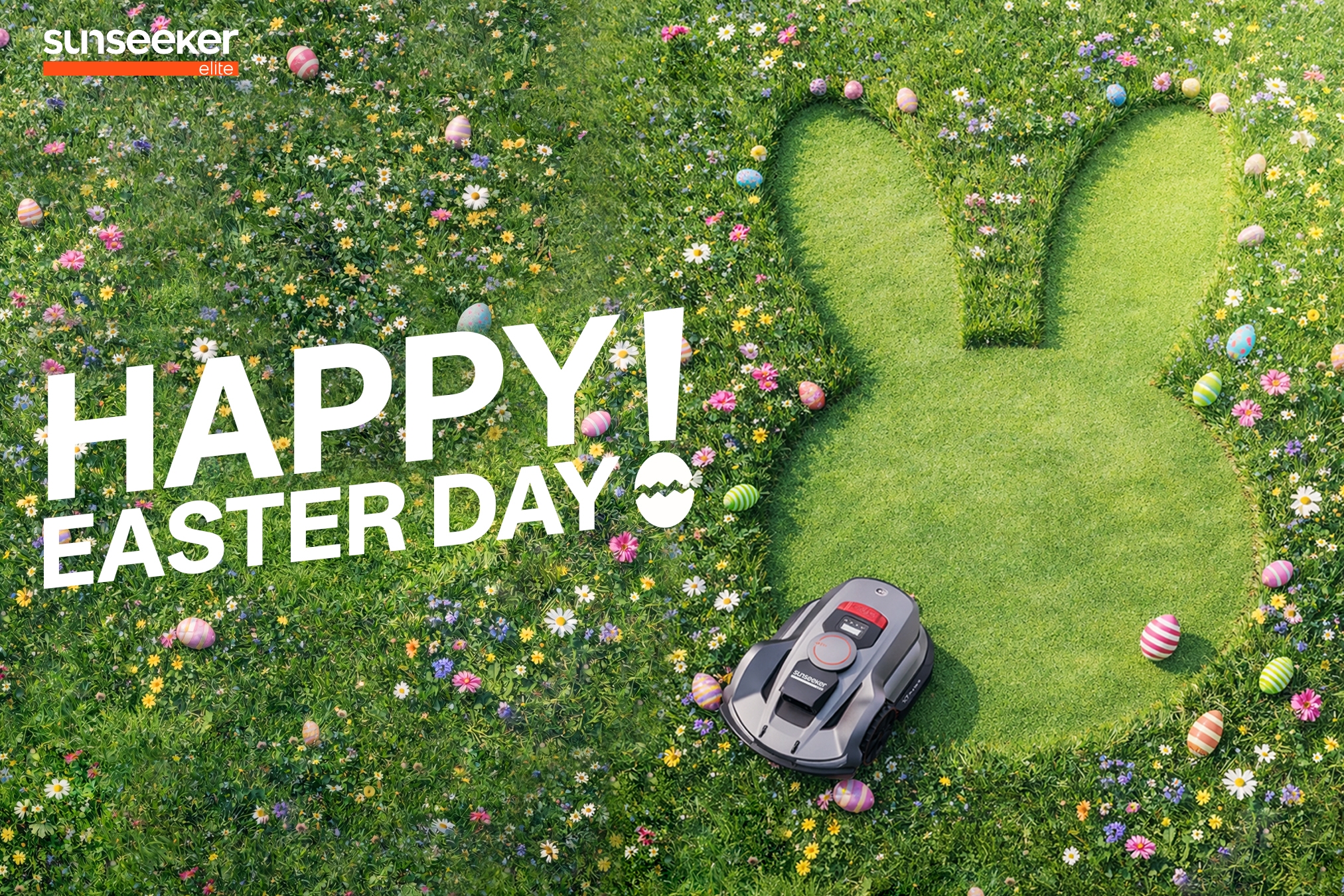 Sunseeker Elite robotic mower trimming Easter bunny lawn