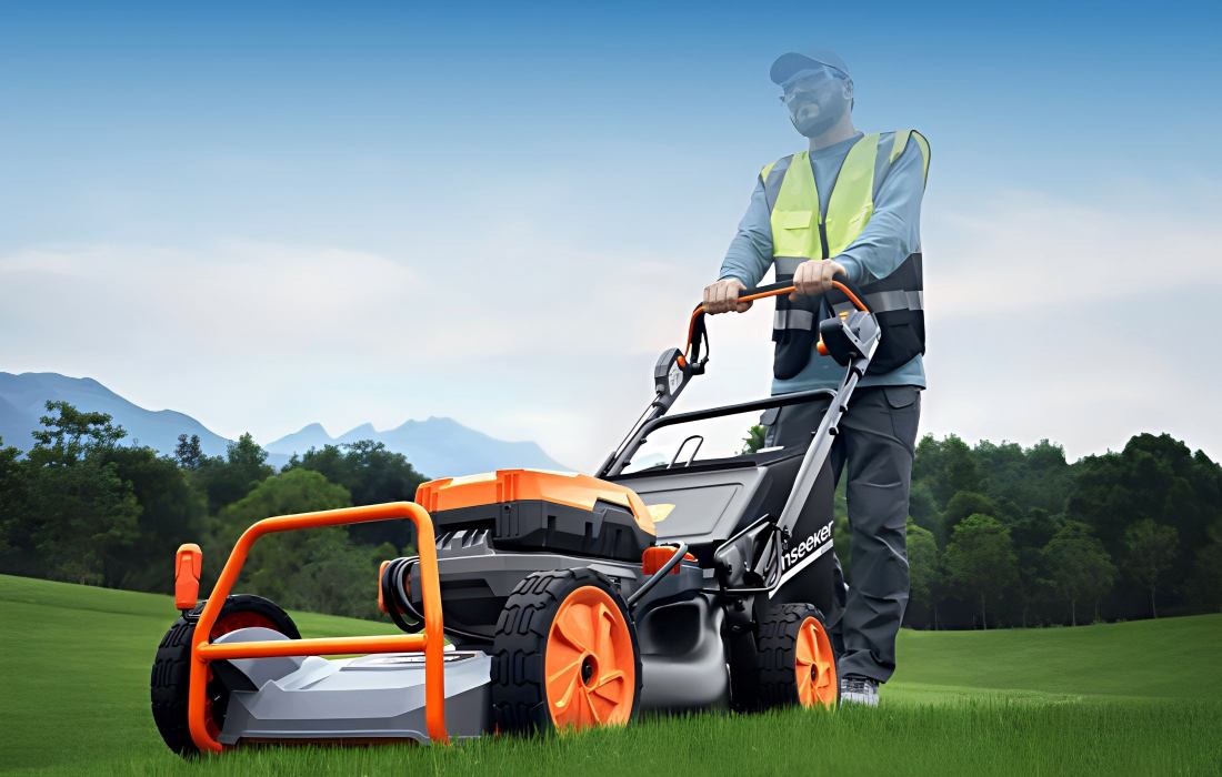 A Man Mowing a Lawn 
