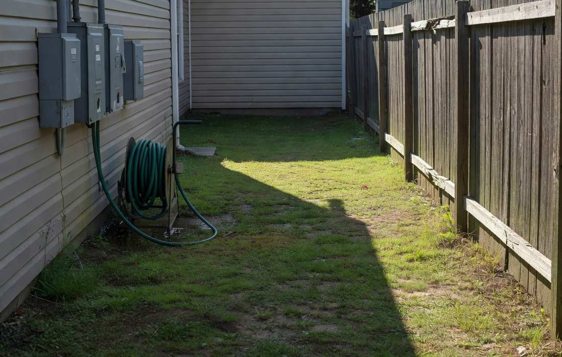 narrow backyard lawn between house and fence