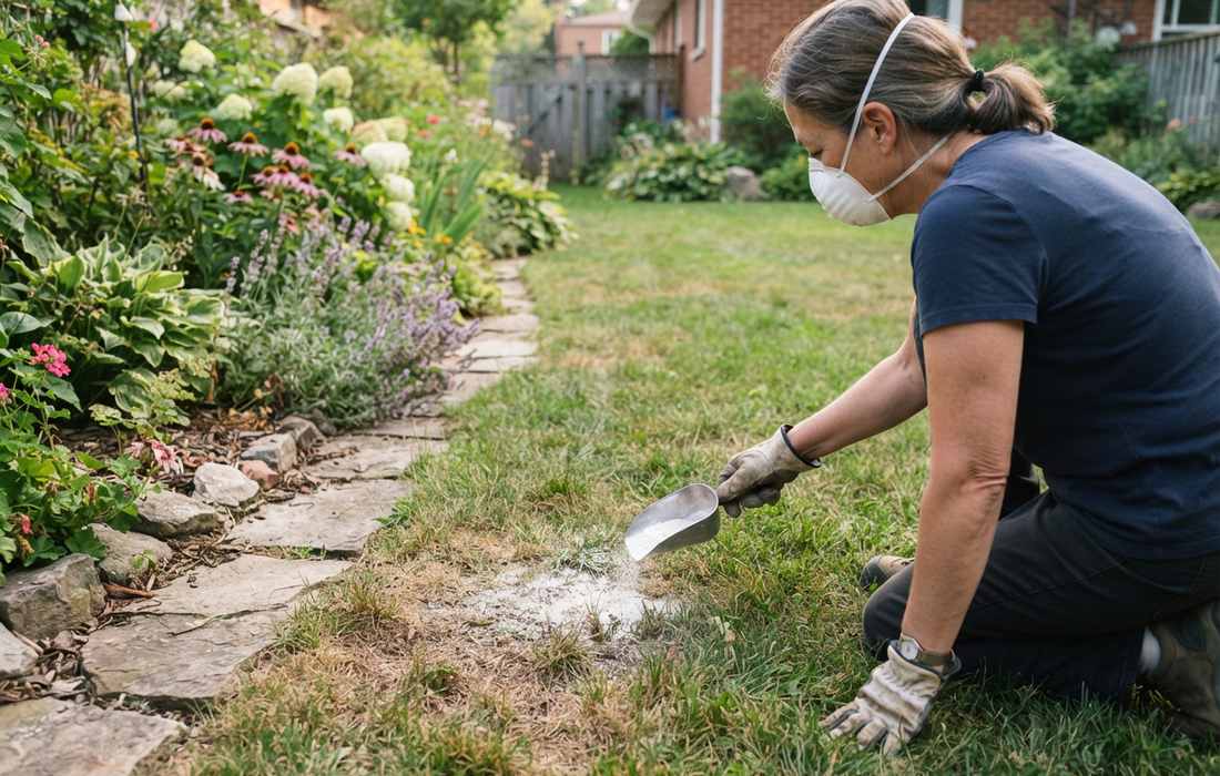 applying diatomaceous earth to lawn