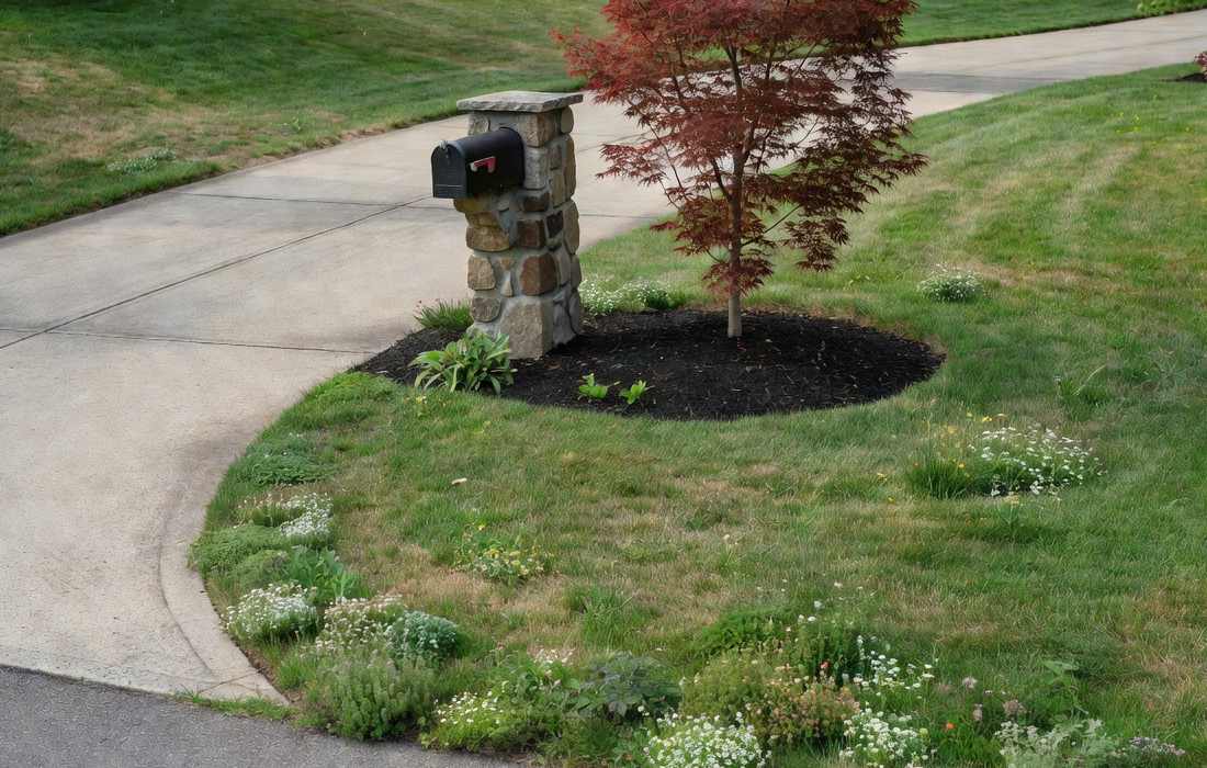front yard mailbox landscaped lawn