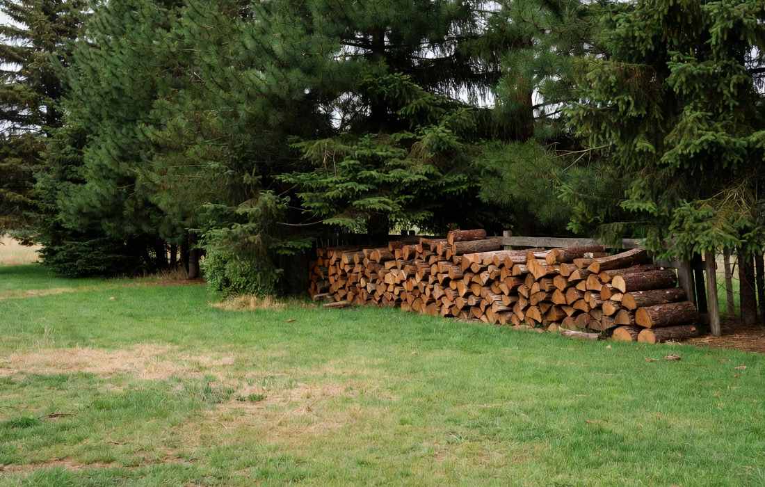 stacked firewood trees grass yard