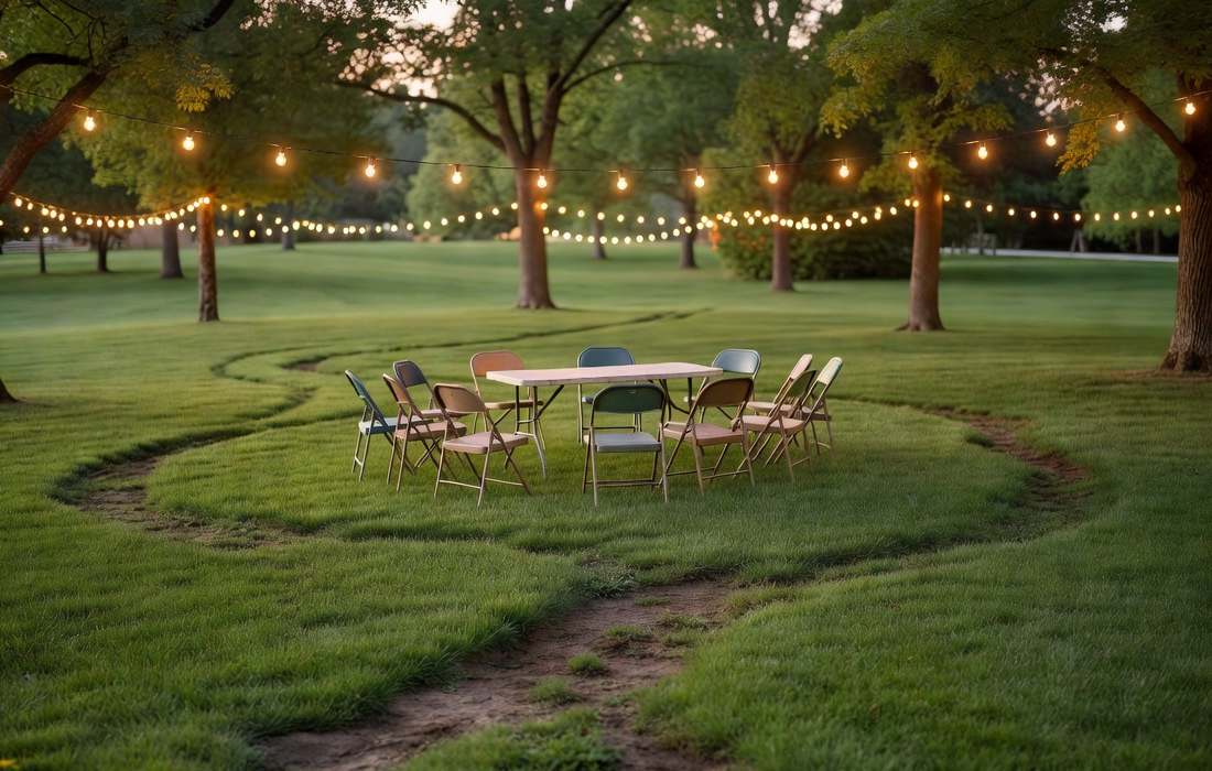 outdoor table chairs string lights lawn
