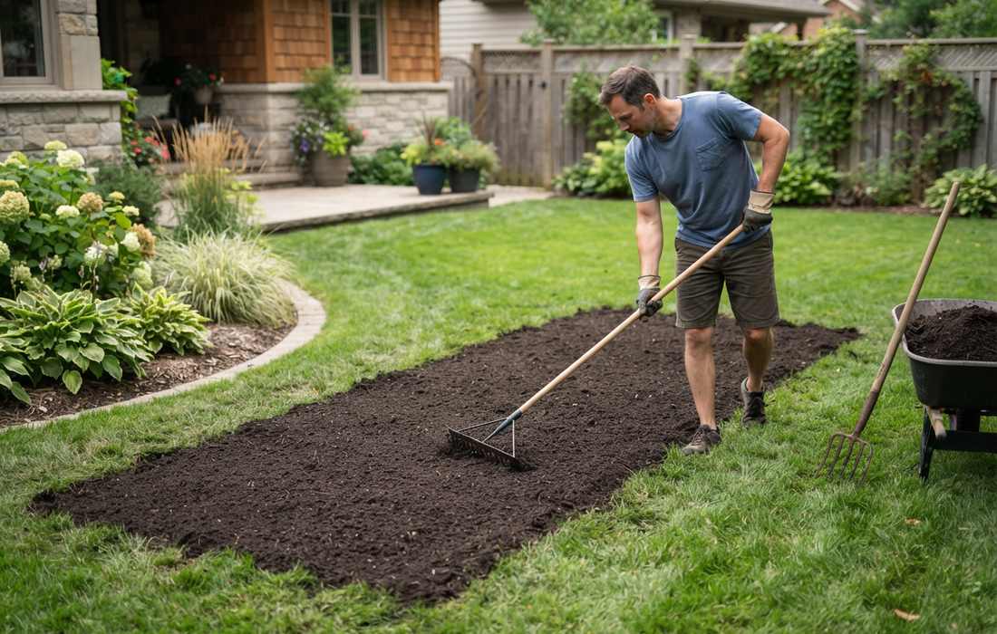 spreading compost on lawn
