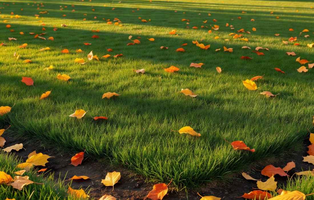 autumn leaves on green lawn