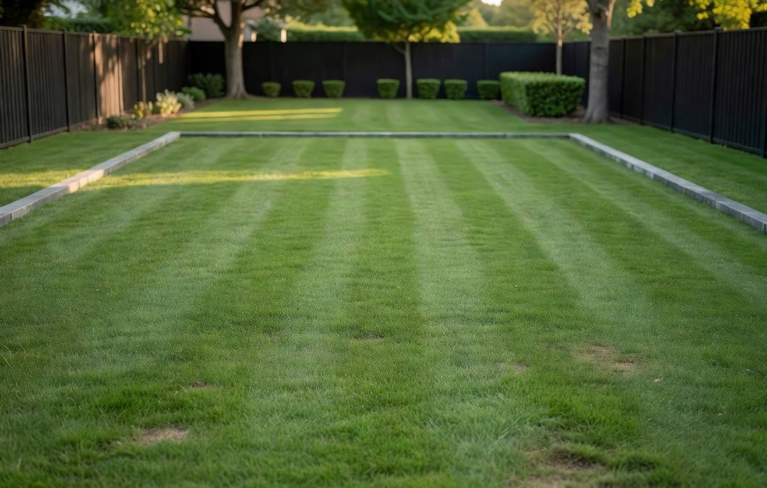 striped fenced backyard lawn