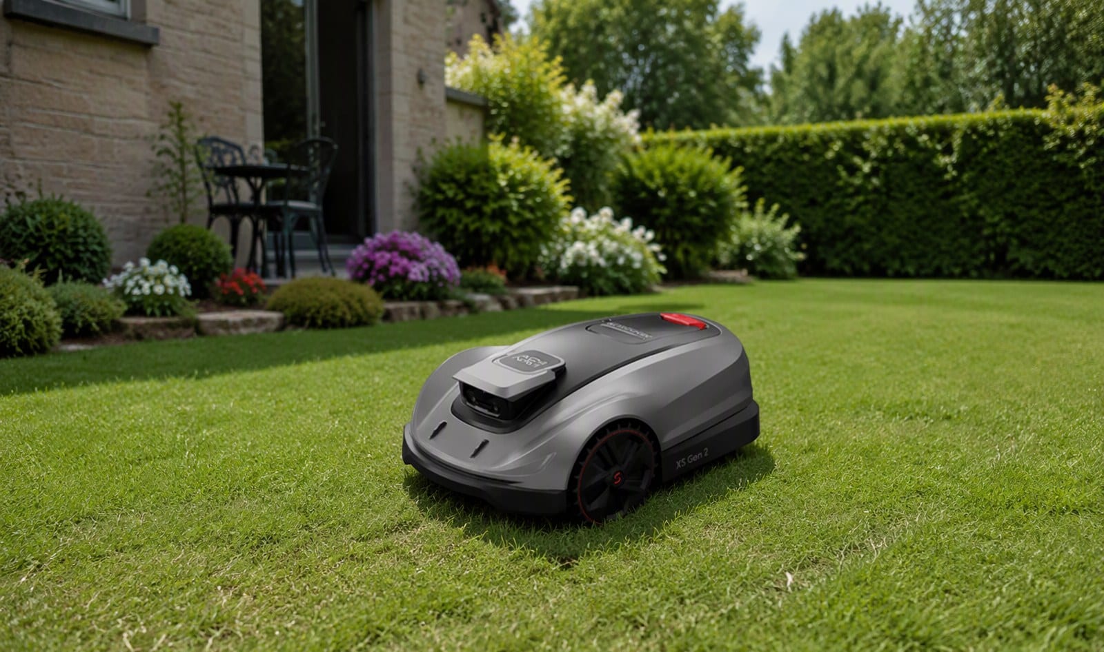 Sunseeker X5 Gen 2 robot mower on a suburban lawn