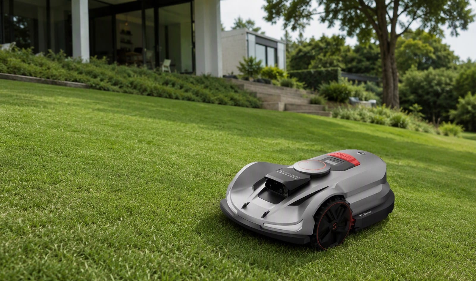 Sunseeker X7 Gen 2 robot mower on a large lawn with slopes