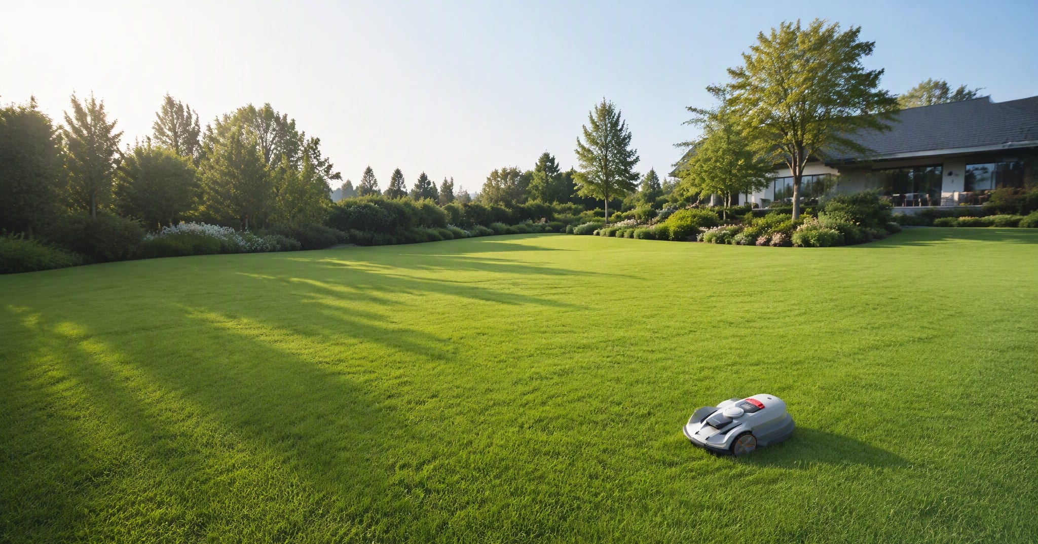 A Sunseeker robot lawn mower on a neat residential lawn, with a house and garden in the background