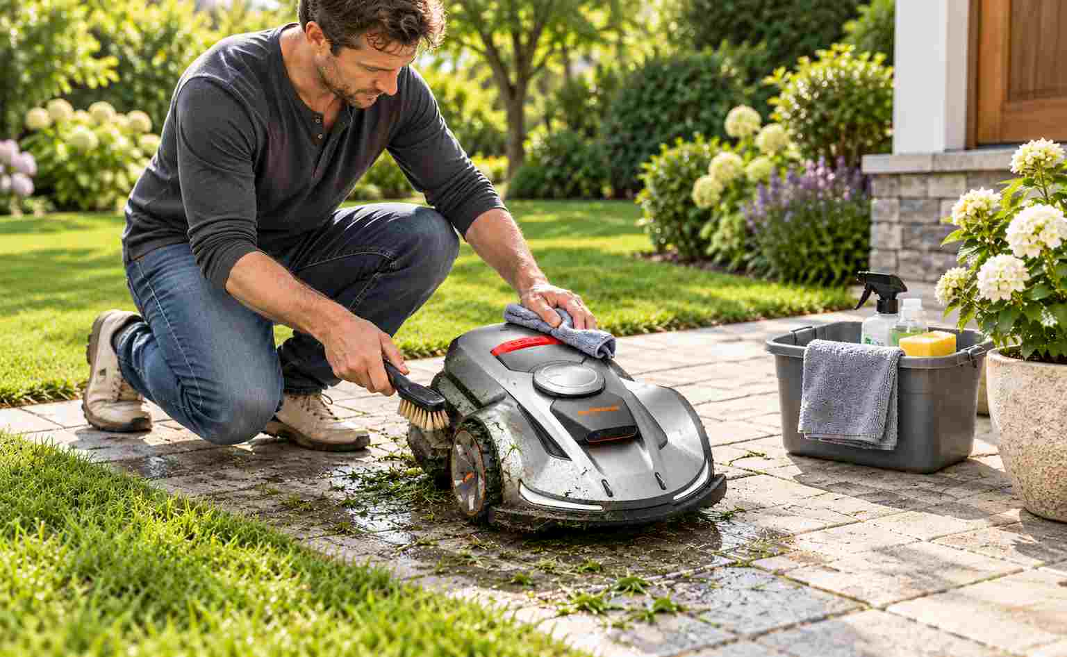 Rinsing packed grass clippings from a mower deck with a garden hose