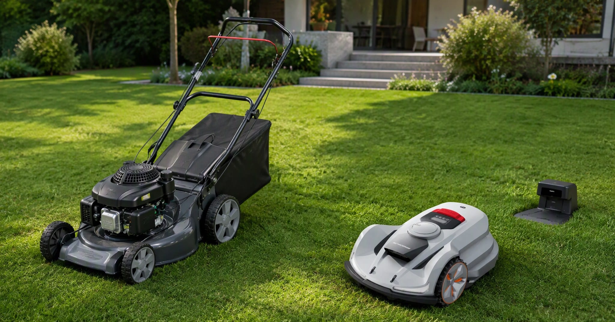 A conventional walk-behind lawn mower and a Sunseeker robot lawn mower standing together on the same lawn, with the robot's charging dock nearby
