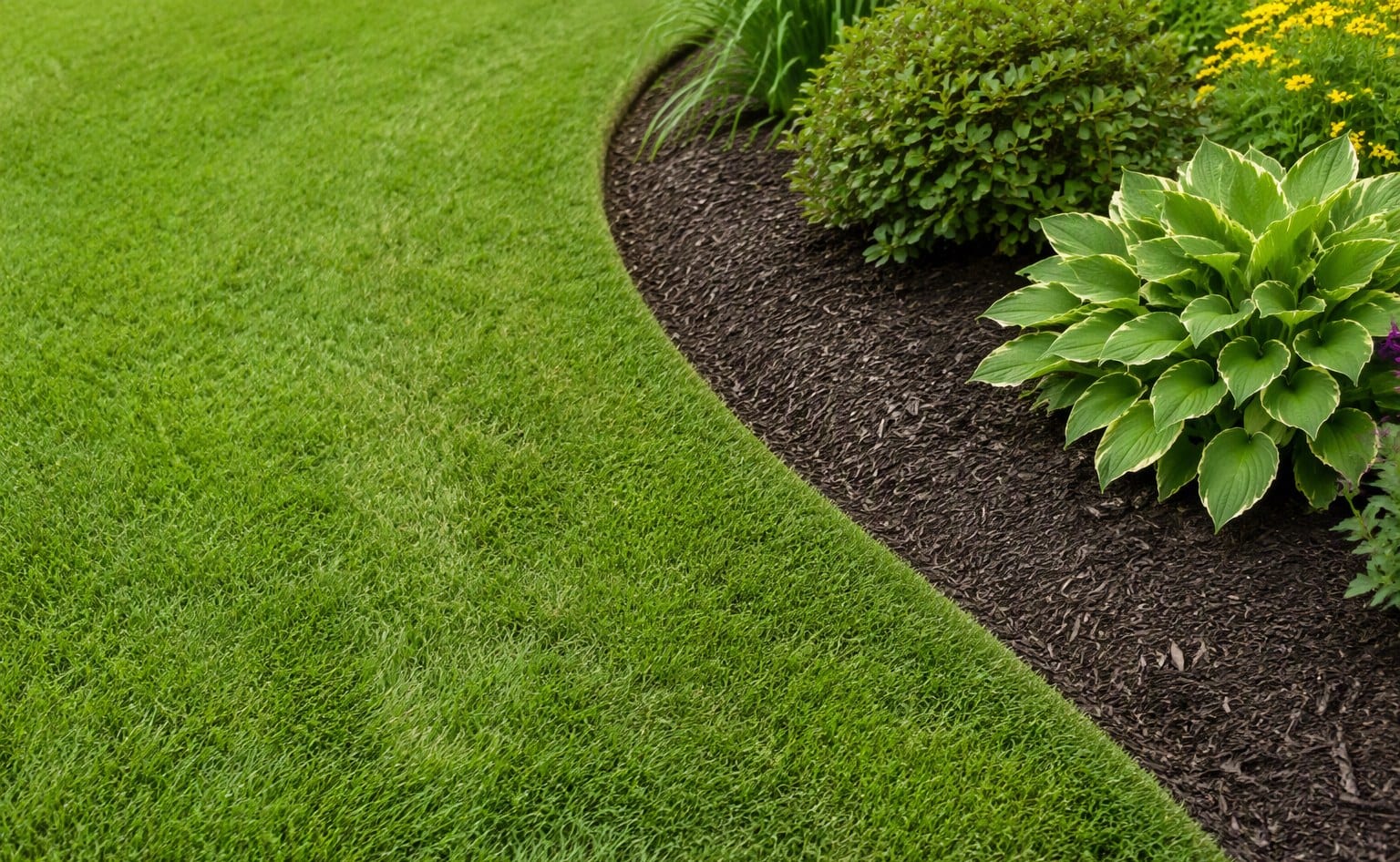 A clear mowing boundary where the lawn meets a curved flower bed