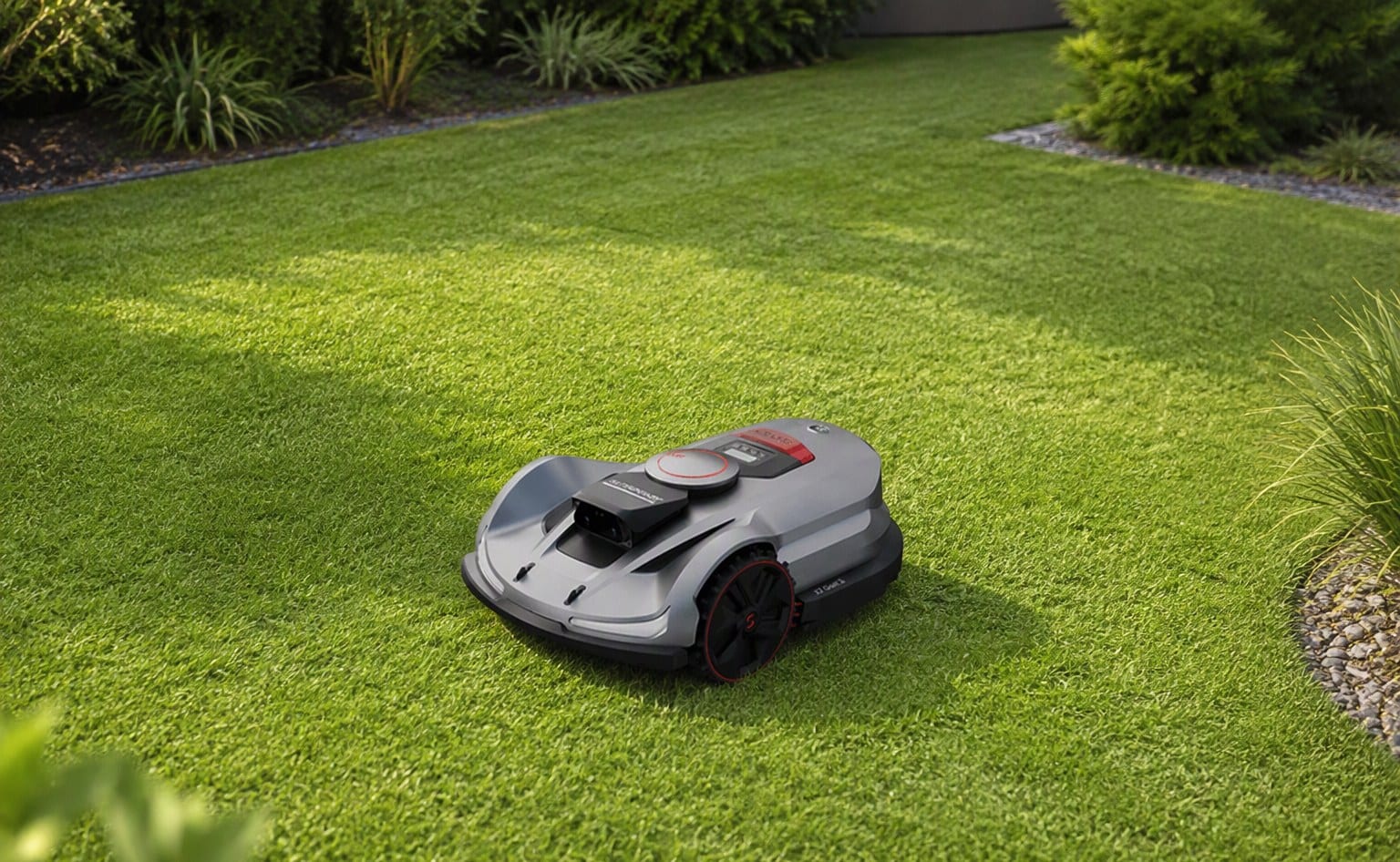 Sunseeker robot mower performing a light trim on an already neat lawn
