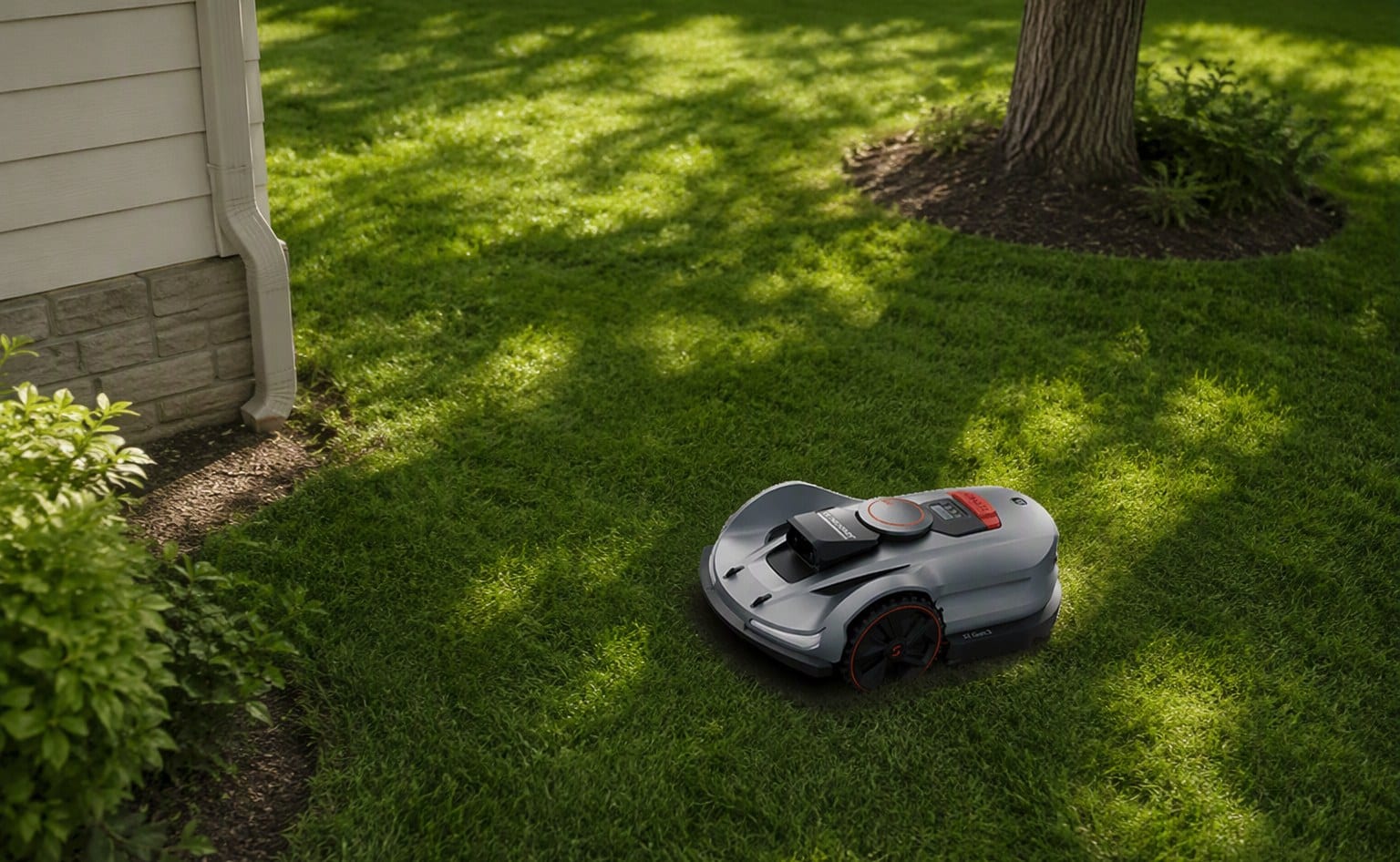 Sunseeker robot mower navigating a lawn with trees and buildings nearby