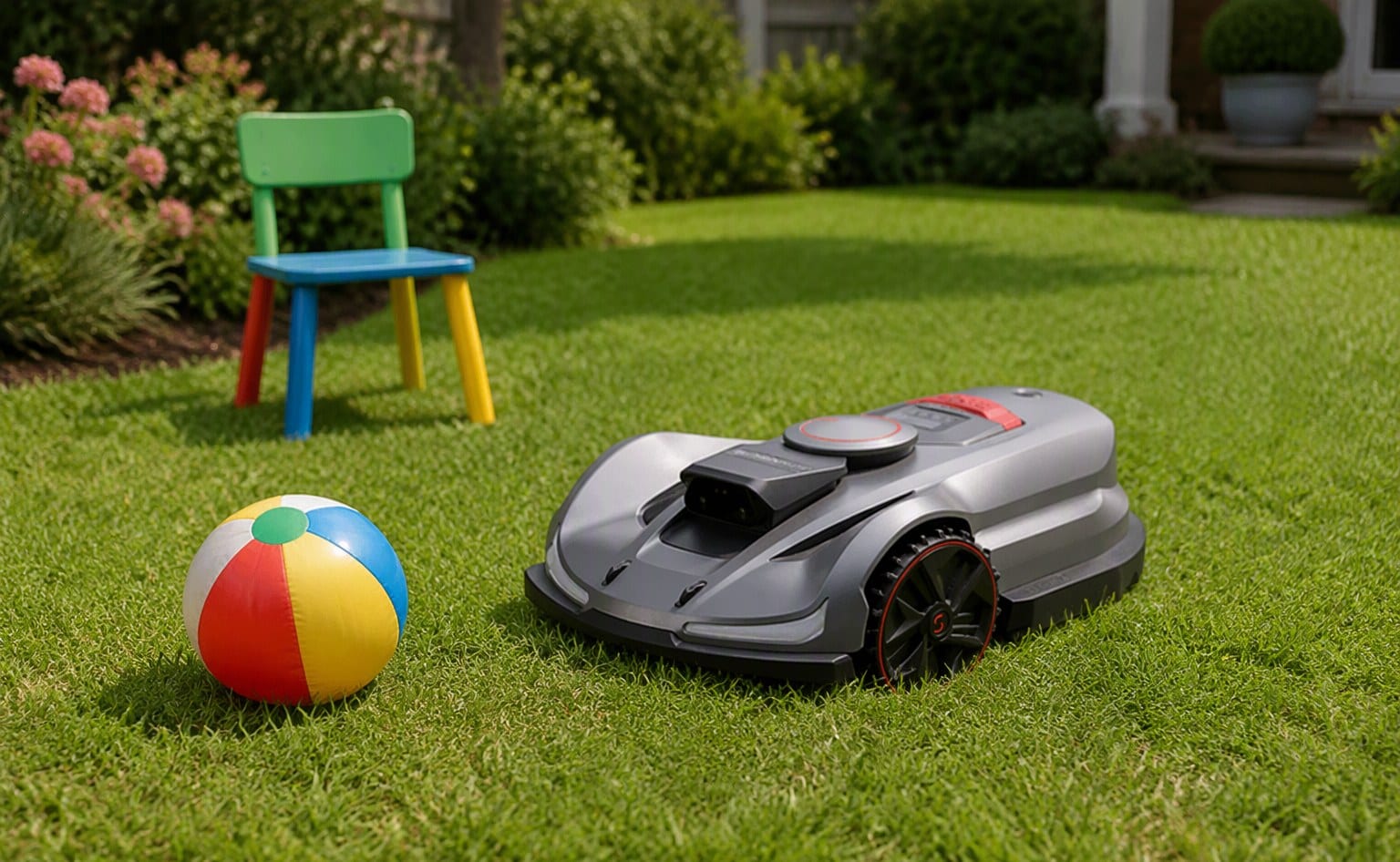 Sunseeker robot mower slowing near a ball and a garden chair on the lawn