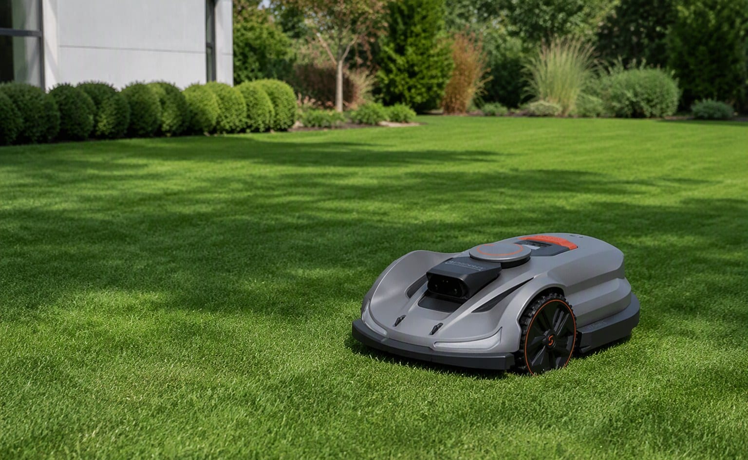 A Sunseeker robot mower maintaining a lawn on its own with no operator