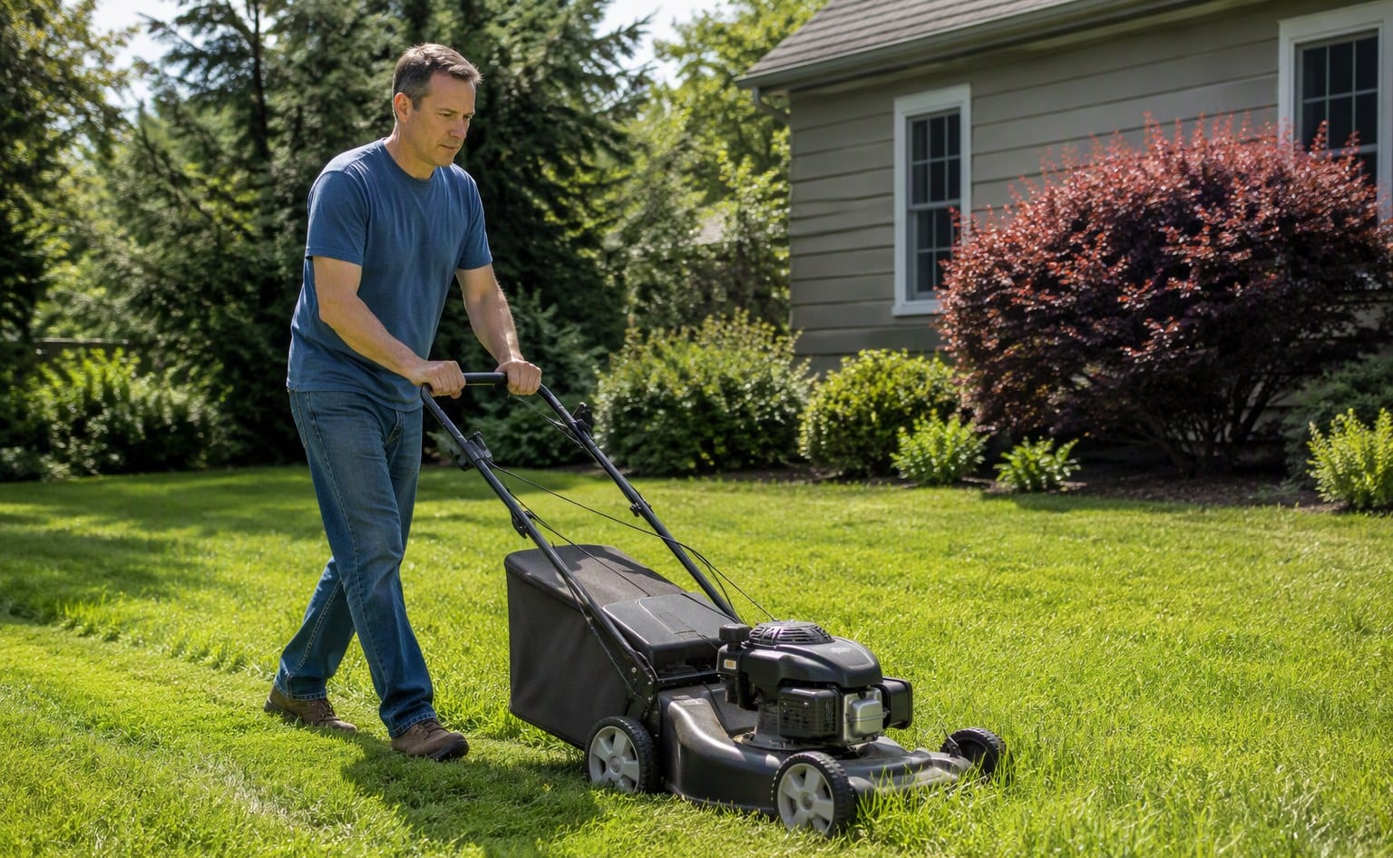 A person pushing a walk-behind mower across a residential lawn