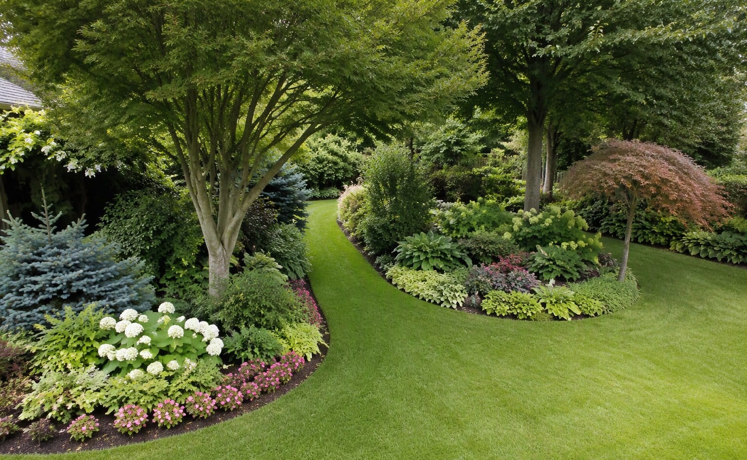 A garden with trees, curved flower beds and a narrow grass passage