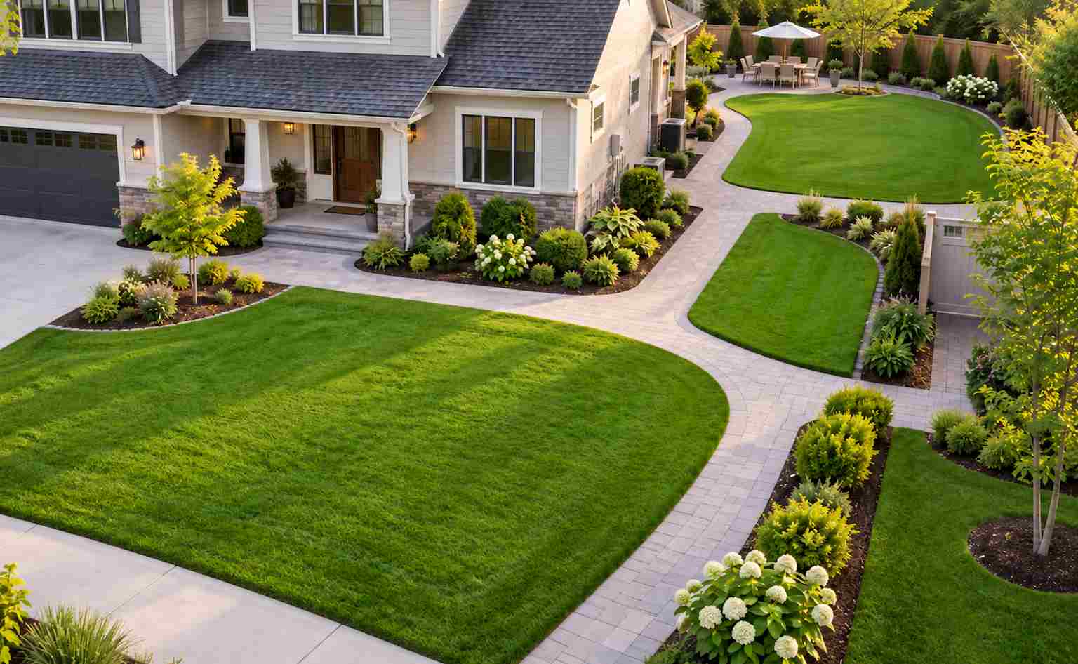 Separate lawn zones of one property divided by a stone path and planting beds