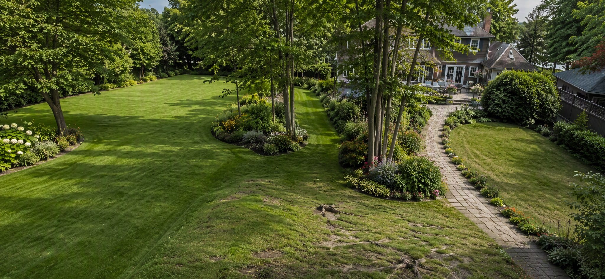 Elevated view of one residential garden containing a flat open lawn, a grassy slope, an uneven patch with ruts and roots, trees and flower beds with a narrow passage, and lawn zones divided by a garden path