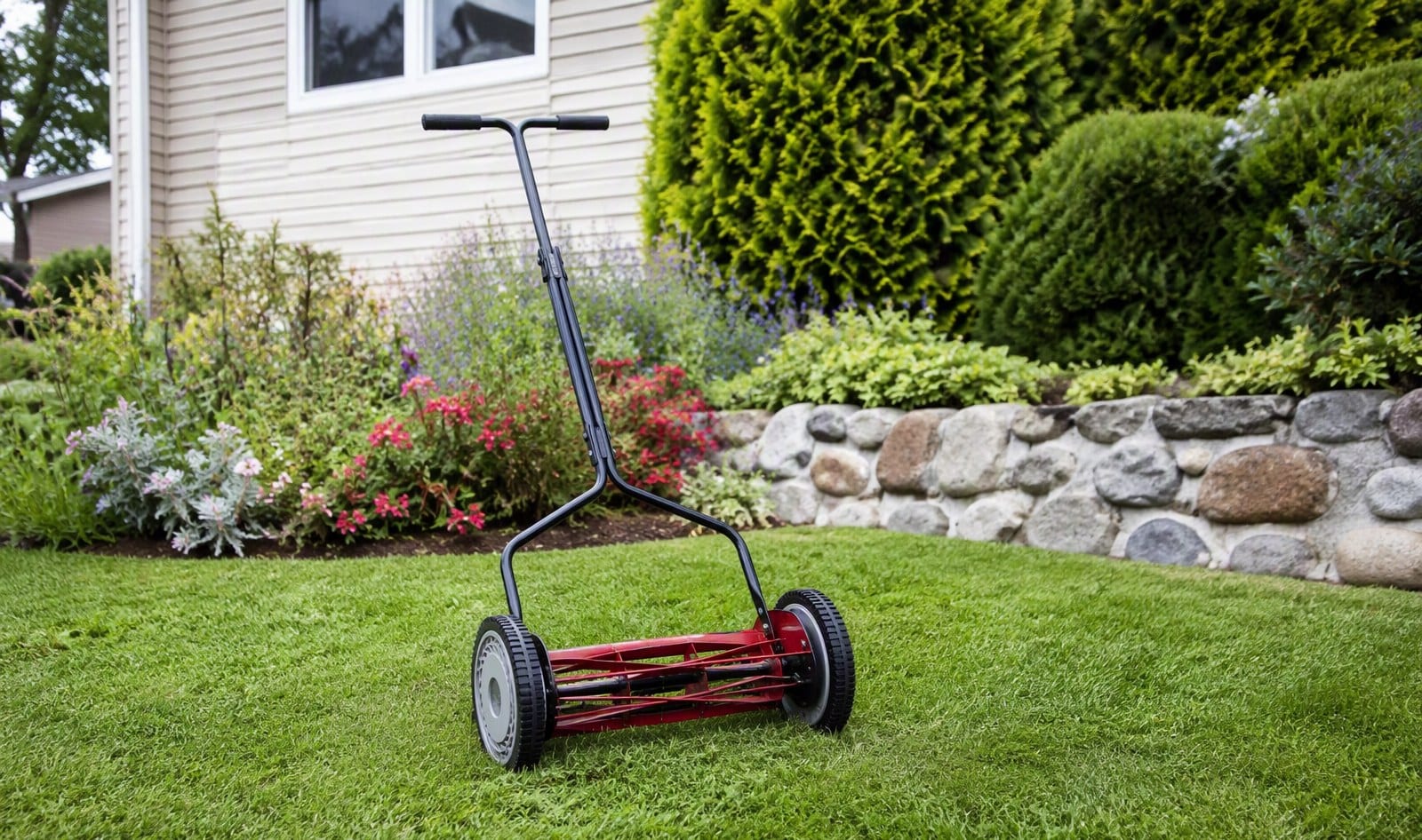 Manual reel mower with cylindrical spiral blade cage cutting a small flat lawn