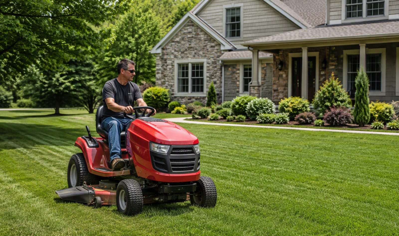 Riding lawn tractor with seat and steering wheel mowing a large open yard