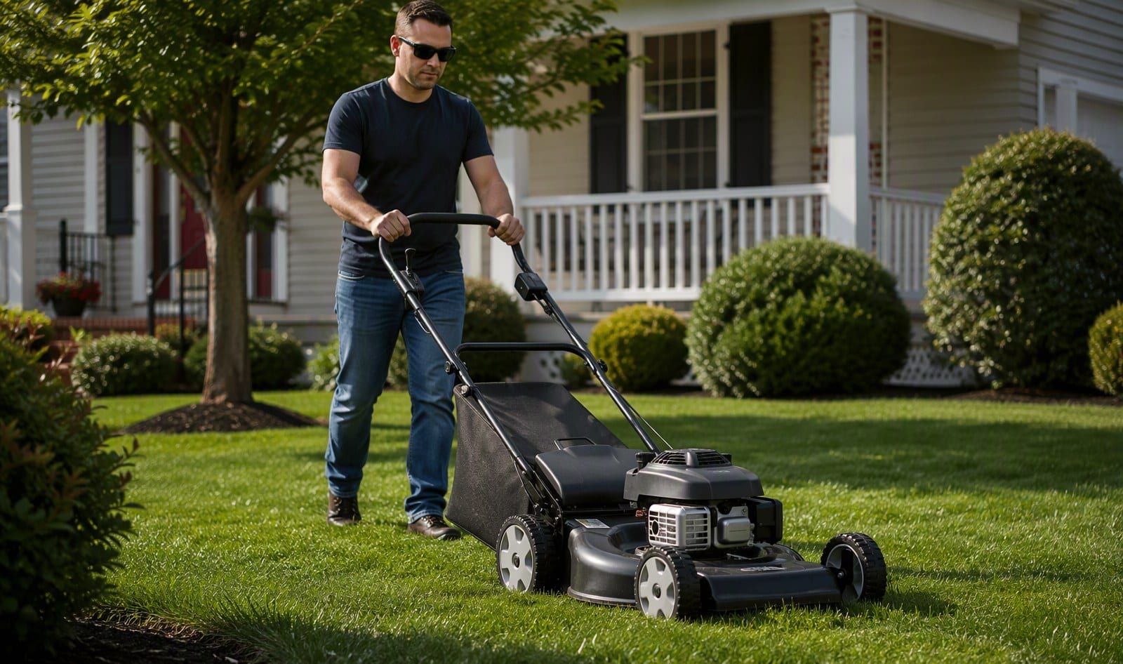 Self-propelled lawn mower moving forward while the user guides it on a sloped lawn
